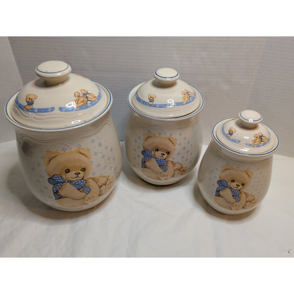 Vintage Country Bear Canisters Set Of 3 Tienshan Stoneware Cottagecore